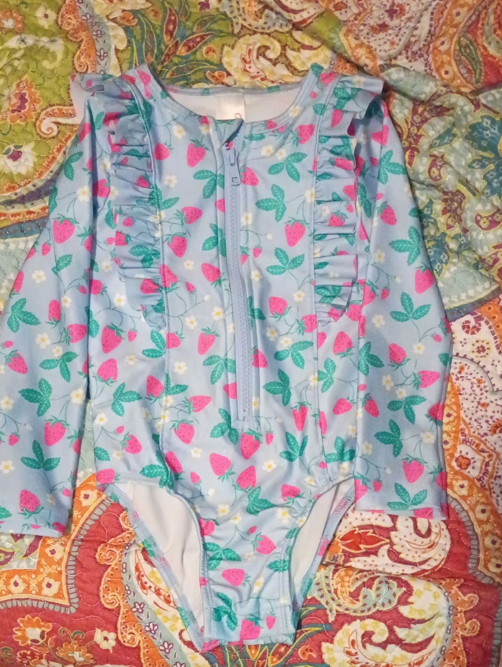 Girls Long-Sleeve One-Piece Swimsuit with Strawberry Print - Light Blue